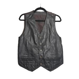 Men Black Leather Button Up Vest